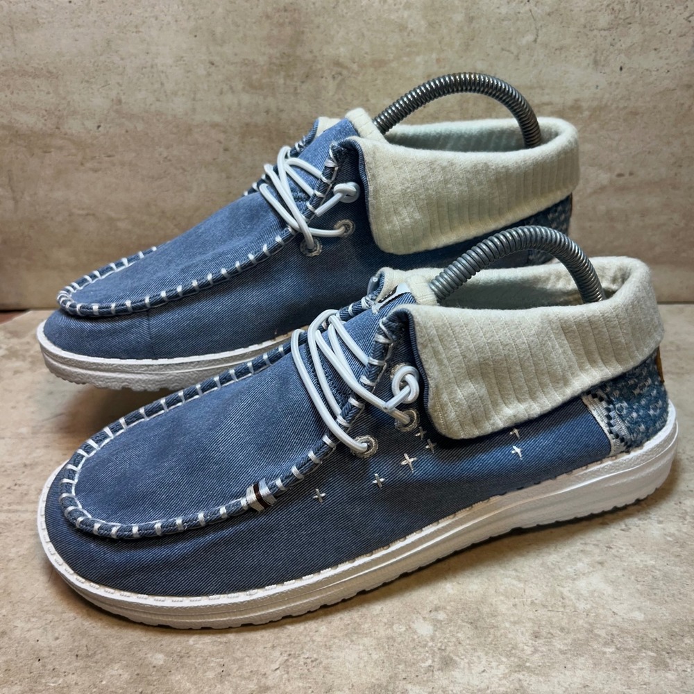 Hey Dude Wendy Fold Boho Blue Denim Knit Collar Loafers Shoes 42024-425 Women 10